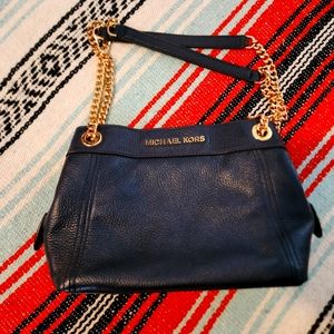 Michael Kors Navy and Gold Pebbled Leather Chain Small Shoulder Bag